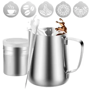 4Pieces Stainless Steel Milk Frothing Pitcher Set, Latte Art Barista Steaming Pitchers, - Milk Frothing Pitcher Set Includes Milk Frother Cup, Latte Art Pen, Powder Shaker, 5pcs Coffee Decorating Stencils (350ml/11oz, 600ml/20oz)