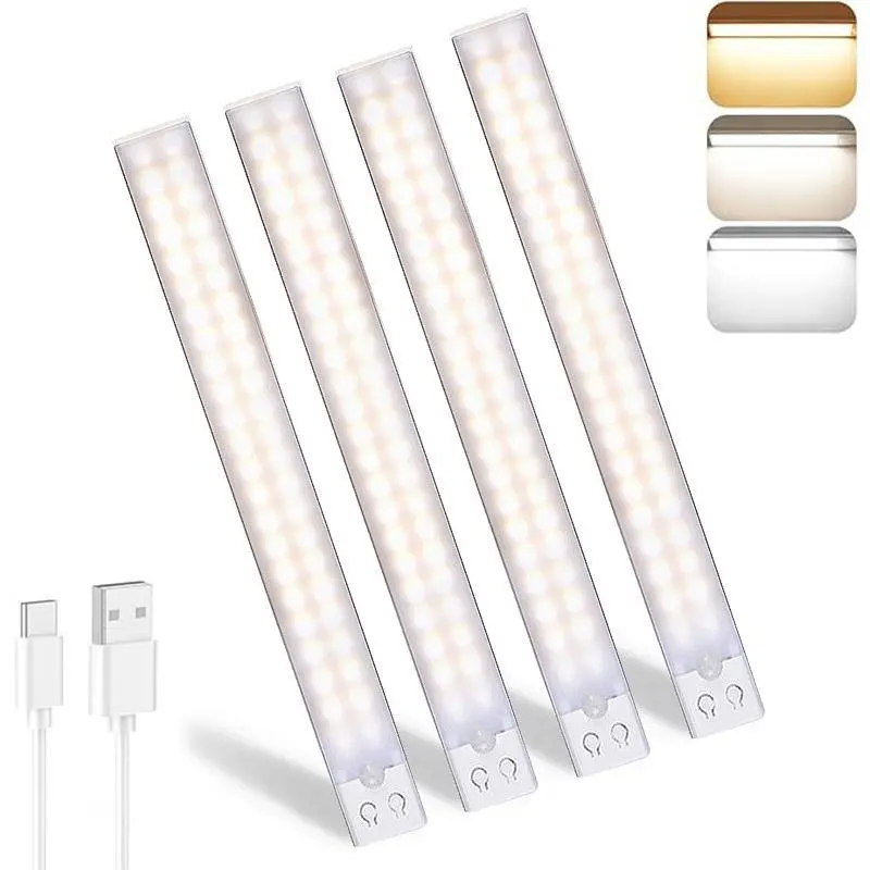 Closet Lights, 4 Pack LED Rechargeable Under Cabinet Lighting Wireless, 3 Color Temps, Dimmable Motion Sensor Light for Kitchen, Pantry, Bedroom & Christmas Decorations (4 Pcs)