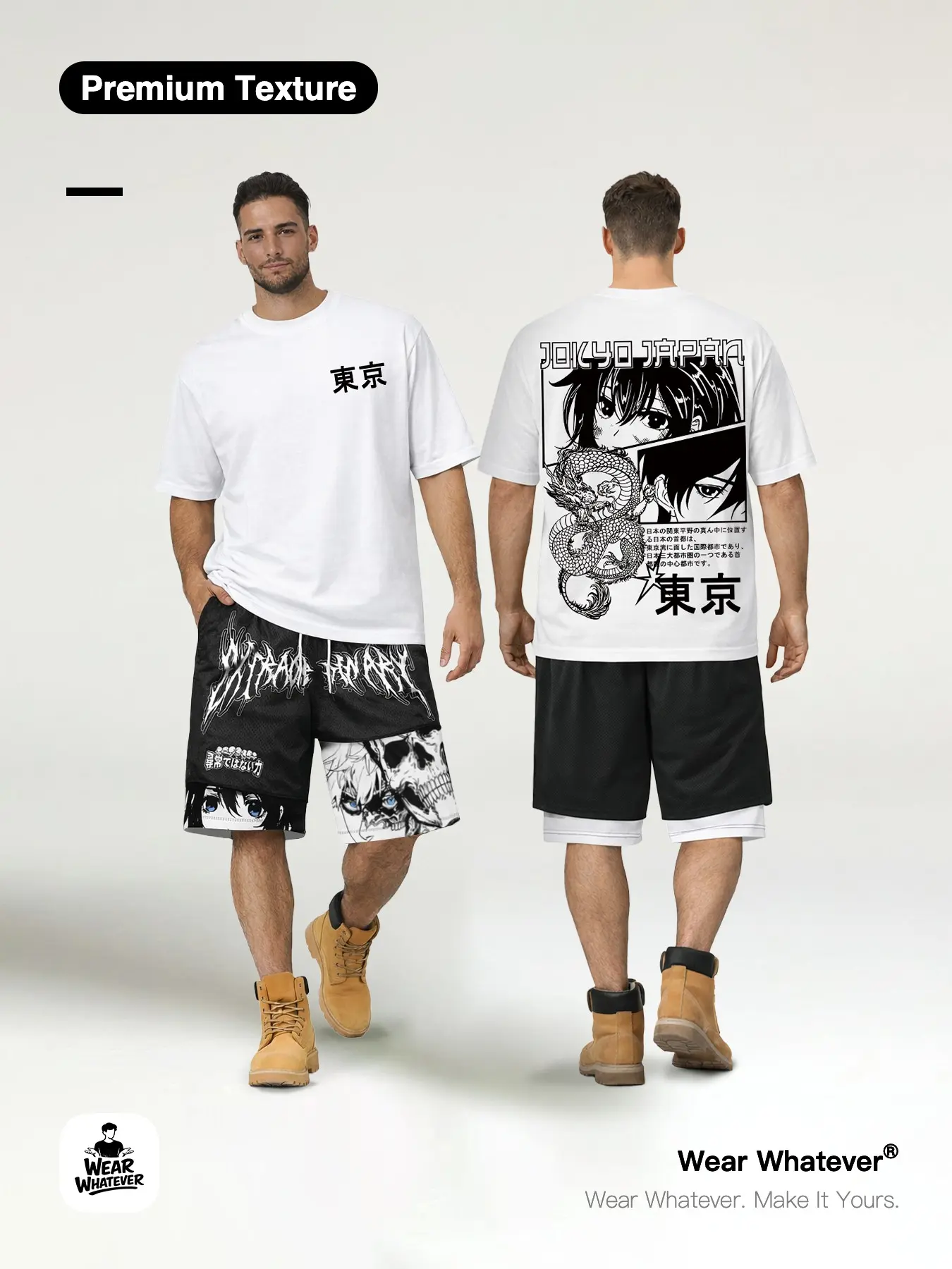 Tokyo Anime Print 2-Piece Set, Breathable Short Sleeve T-Shirt + Dual-Layer Shorts, Casual Sporty, Unisex Fashion