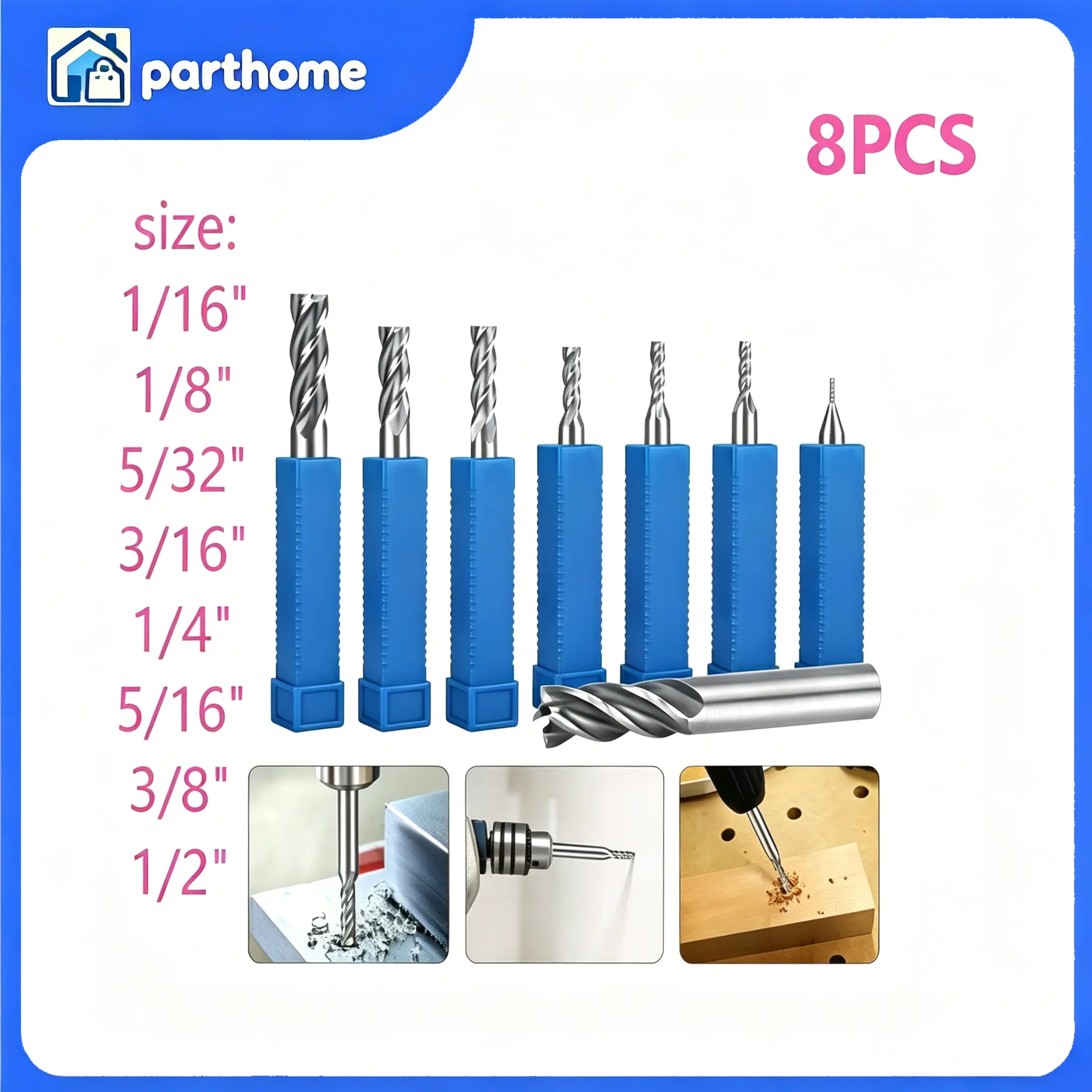 8Pcs 4-Flute HSS End Mill Cutter Bit Set, 1/16"-1/2" Square Nose Slot Milling Tool for CNC Machines, Wood & Metal Processing