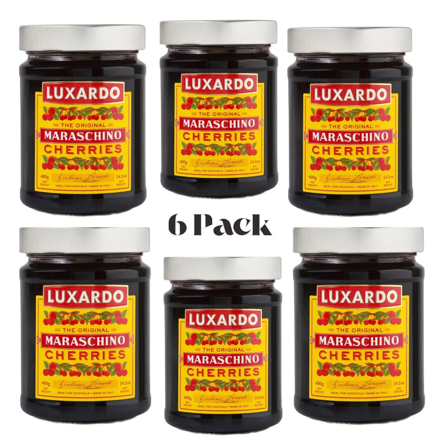 Luxardo The Original Maraschino Cherries (6PACK) Gourmet Italian Maraschino Cherries | Ideal for Cocktails and Desserts, 400g Jar
