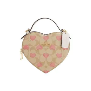 COACH Heart Print PVC and Leather Mini Box Bag for Women in Light Khaki, Shoulder and Crossbody Style.