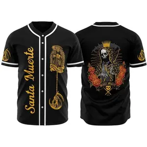 Stylish Black Santa Muerte Design Baseball Jersey with Unique Graphics for Fans and Collectors Baseball Jersey