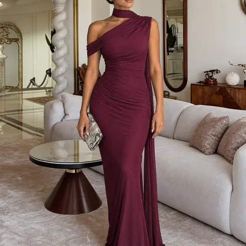 Curvysweet Isolde Women's 1-Shoulder Tight Knit Mesh Ruched Maxi Formal Gown - Built-in Bra, Sleeveless, Elegant, Ribbon Accent, Womens Dresses, Formal Wedding Guest Dress, Black Tie Attire,sohochic