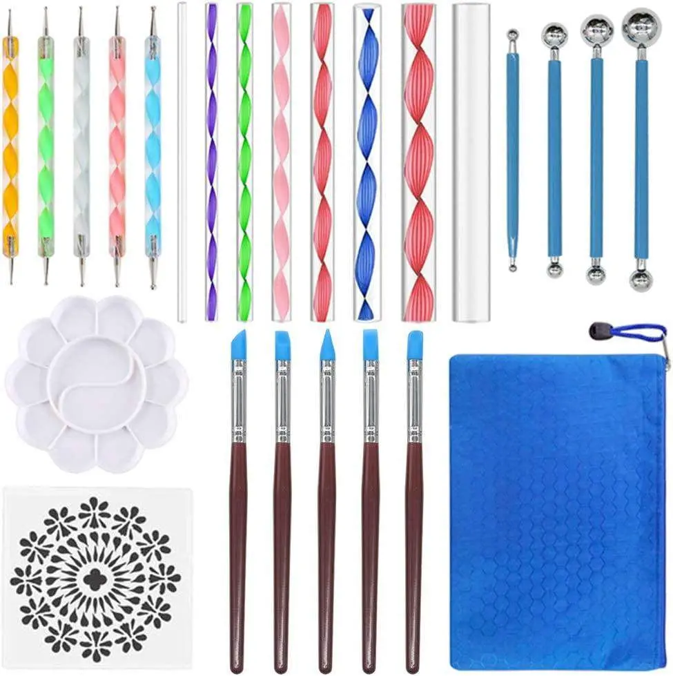 25Pcs Dotting Painting Tools with Mandala Set Pen Stencil Kit Ball Stylus Clay Sculpting Carving