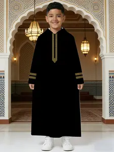 Boys' Black Hooded Thobe Robe with Modern Gold Greek Key Embroidery - Kids Islamic Jubba for Ramadan & Eid Kids Clothing