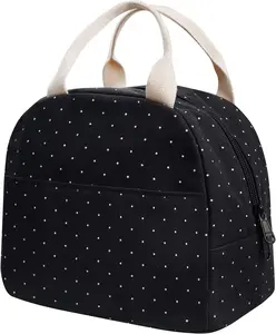 Upgraded Compact Black Lunch Bag for Girls Women, Canvas Reusable Insulated Polka Dot Lunch Tote Box Bag for Work School