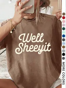Women's Well Sheet Letter Print Round Neck Tee, Vintage Trendy Casual Streetwear Loose-Fit Short Sleeve Knit T-shirt for Daily Wear, Ladies Summer, Top