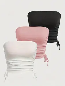 Women's Solid Ruched Drawstring Crop Bandeau Tube Top, Casual Sleeveless Strapless Top for Summer, Ladies Clothes for Daily Wear, Womenswear