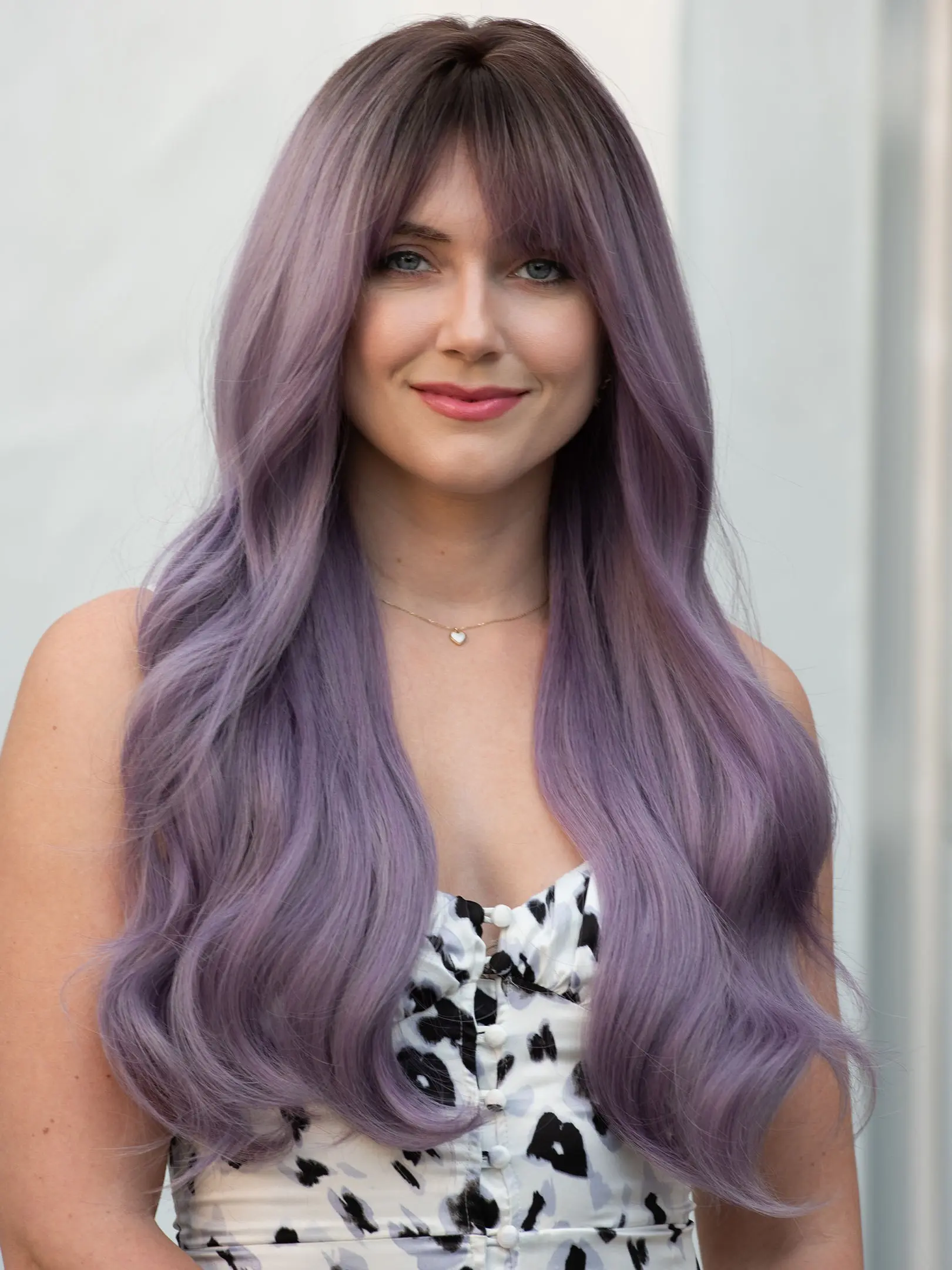 Vanessa Purple Wig with bangs Long Wavy Lavender Purple Wig with Dark Roots Drag Wig Lilac Hair Party Wig