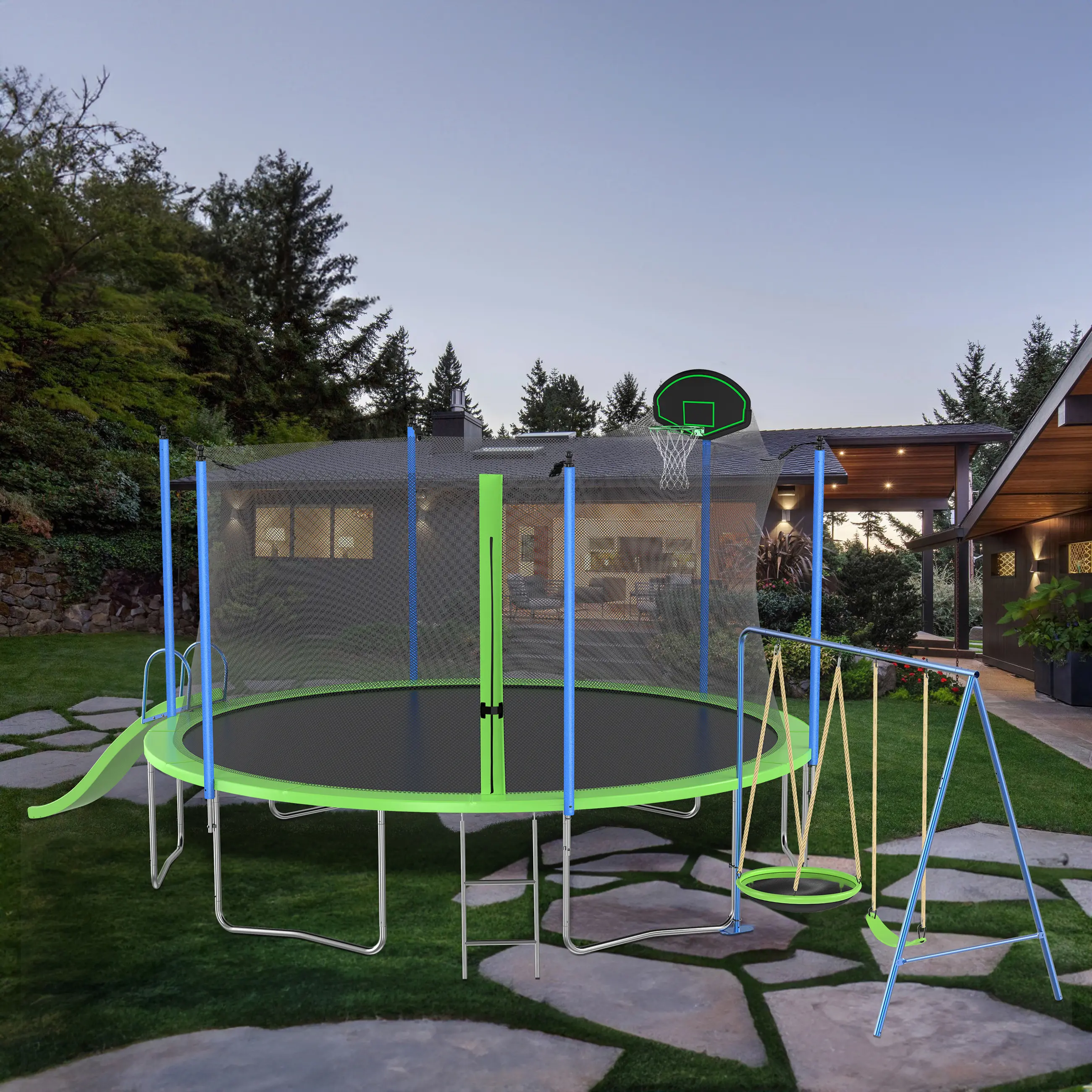 14FT Trampoline with Slide and Swings, Double Color Cover, Outdoor Backyard Trampoline with Basketball Hoop & Ladder, Capacity for Kids & Adults Safety Jumping Fun Activities