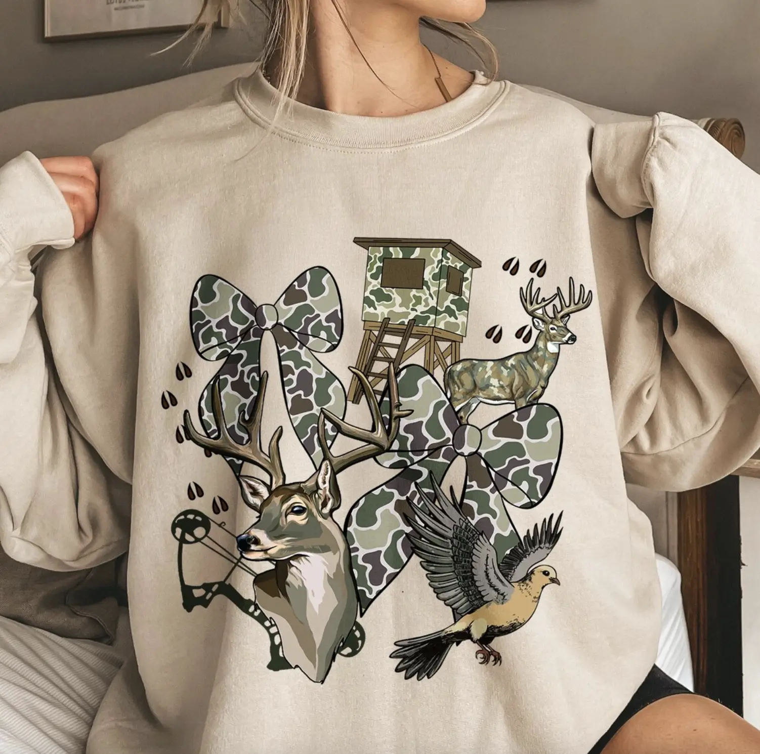 Preppy Hunting Season Sweatshirt, Trendy Girly Fall Camo Shirt, Hunting Mama Shirt, Coquette Camo Bow Tee, Deer Shirt, Dove Season Hoodie, Cozy Camo Shirt, Hunter Gifts, Unisex Casual Cotton Crewneck Printed Graphic Sweater For Men For Women