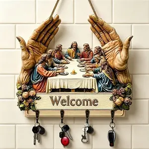 Flat Jesus and Disciples Wall Art Keychain Holder,2D Jesus Disciples Key Rack Organizer with 4 Metal Hooks,Rustic Farmhouse Religious Decor,Religious Gifts for Family,Friends Wooden Wall Shelf Wall Mountable
