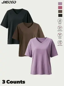Jxgogo 3-Pack Plus Size Casual Tops, Breathable V-Neck Sports Tees, Ideal for Gym Yoga and Daily Wear, Loose-Fit Short Sleeves
