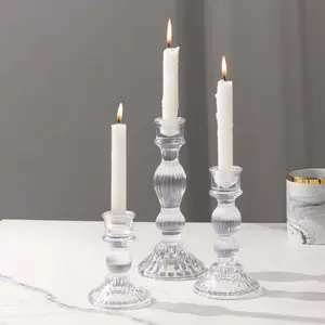 Set of 3 Glass Taper Candle Holders 4", 6", 8" Fluted Design Clear - Ribbed Crystal Candlestick Stands