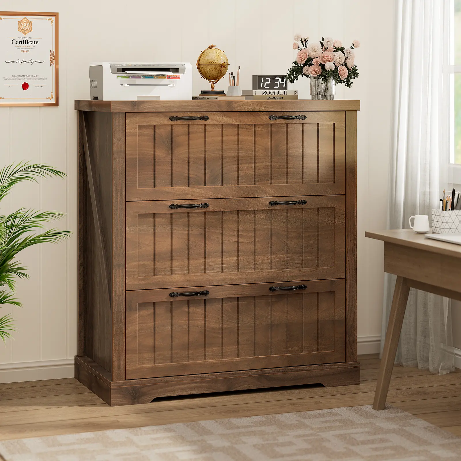 Sedeta 3-Drawer Lateral File Cabinet - Farmhouse Striped Engineered Wood Office Furniture with Dual Built-in Storage Compartments, A4/Letter/Legal Fit Printer Stand for Home Office, Vertical File Cabinet Option, Built-In Storage Compartments Vertical File