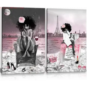 2 Pieces 2D flat inner frame wall decor, African American Black Girl Wall Art Decor Modern Pink and Black Beach Ocean Inspired Design Paris Eiffel Tower, Cityscape Print Drawing Painting Picture Poster Prints Art Bedroom Living room