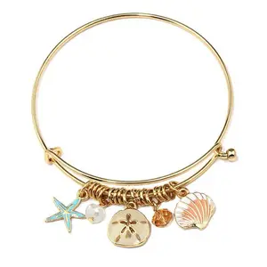 ENAMEL STARFISH AND SAND DOLLAR CHARM WIRE BANGLE BRACELET