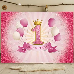 1 piece of 1st birthday party banner - featuring a light pink background, adorned with balloons and a crown design, crafted from polyester photo props, ideal for home and room decorations, perfect for celebrations across all seasons