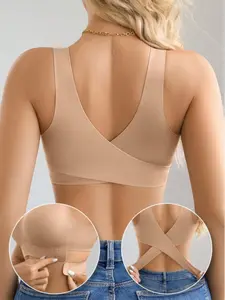 1pc Women Seamless No Padding Elegant Breathable Comfortable Crisscross Back Bandeau Bra Front Closure Brapush Up Sports Bra