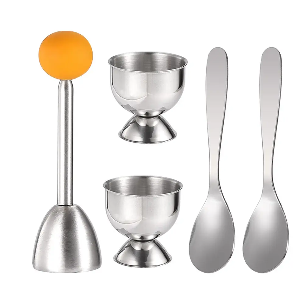 Stainless Steel Boiled Egg Tool Set - Cracker Topper, Separator, 2 Cups, 2 Metal Spoons & 1 Cutter/Opener, Kitchen Gadgets Utensils