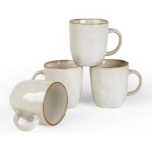 Coffee Mugs Set of 4, Ocean Square 13oz Coffee Cup Set with Handle for Cocoa, Milk, Hot Chocolate, Stoneware Cups for Kitchen, Reactive Glaze, Microwave and Dishwasher Safe, Cappuccino White