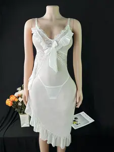 Elegant Women's Lace Sleepwear Set, Loungewear, Fitted Sleeveless V-Neck Floral Pattern, Transparent Mesh Layered, Perfect for Nightgowns and Evening Dresses