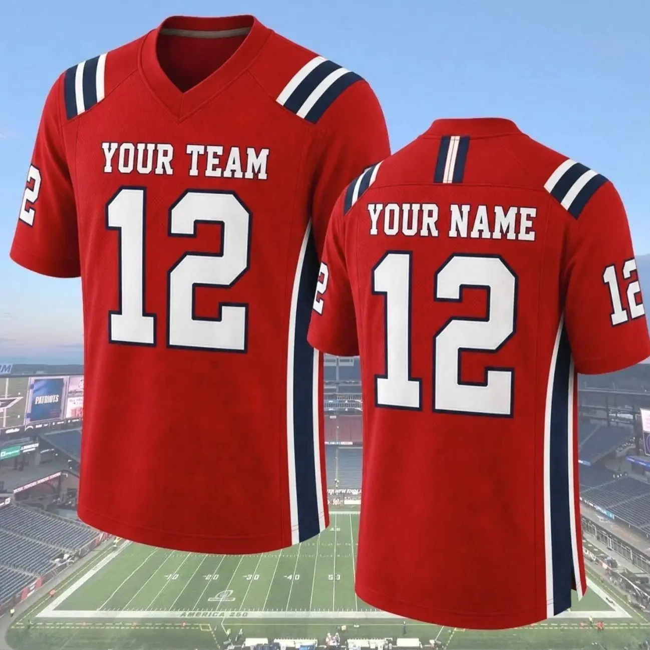 New England Inspired Football Jersey Custom Fan Gift, Personalized Football Shirt, Classic Red White Blue Game Day Apparel RUS 5HZ