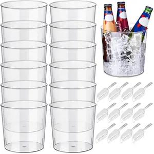 6.5" Clear Plastic Ice Bucket – Multi-Purpose Wine/Champagne/Beer Cooler, Snack Tub, Kettle Corn Bowl, Vase – BPA-Free, Food-Grade, Durable & Stylish (12-Pack with Ice Tongs), Sturdy, Kitchen