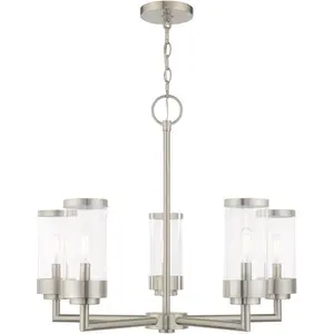 5 Light Brushed Nickel Outdoor Chandelier with Clear Glass Shade