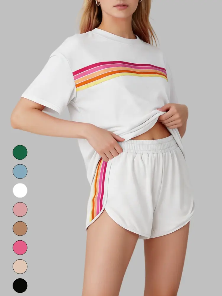 Cute Rainbow Stripe Fitted Lounge Set for Women, Super Soft Stretchy Viscose Blend 2 Piece Outfit, Wear Home & Run Errands Easily