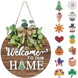 Interchangeable Seasonal Welcome Sign Front Door Decoration, Rustic Round Wood Wreaths Wall Hanging