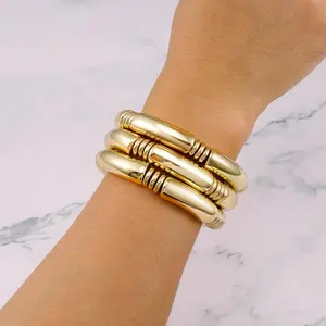 Golden Chunky Bangles Bracelets For Women Golden Plated Stack Layered Curved Bamboo Tube Stretch Bracelets Gift Jewelry