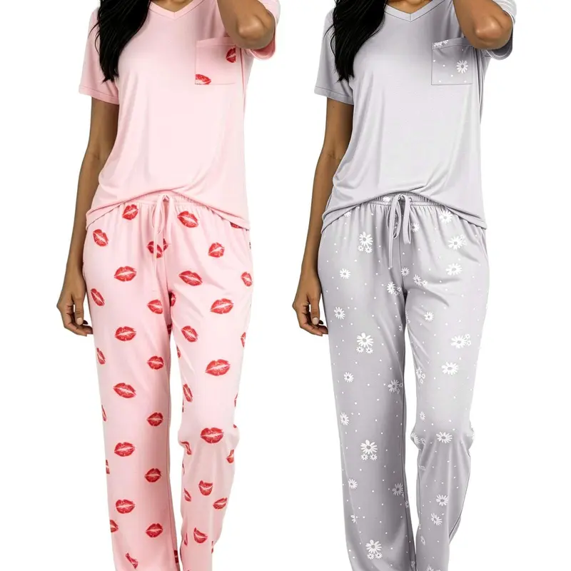 Real Essentials 2 Pack: Women's Comfy Pajama Sets - Short Sleeve Ladies Loungewear Sleepwear PJs (Available In Plus)
