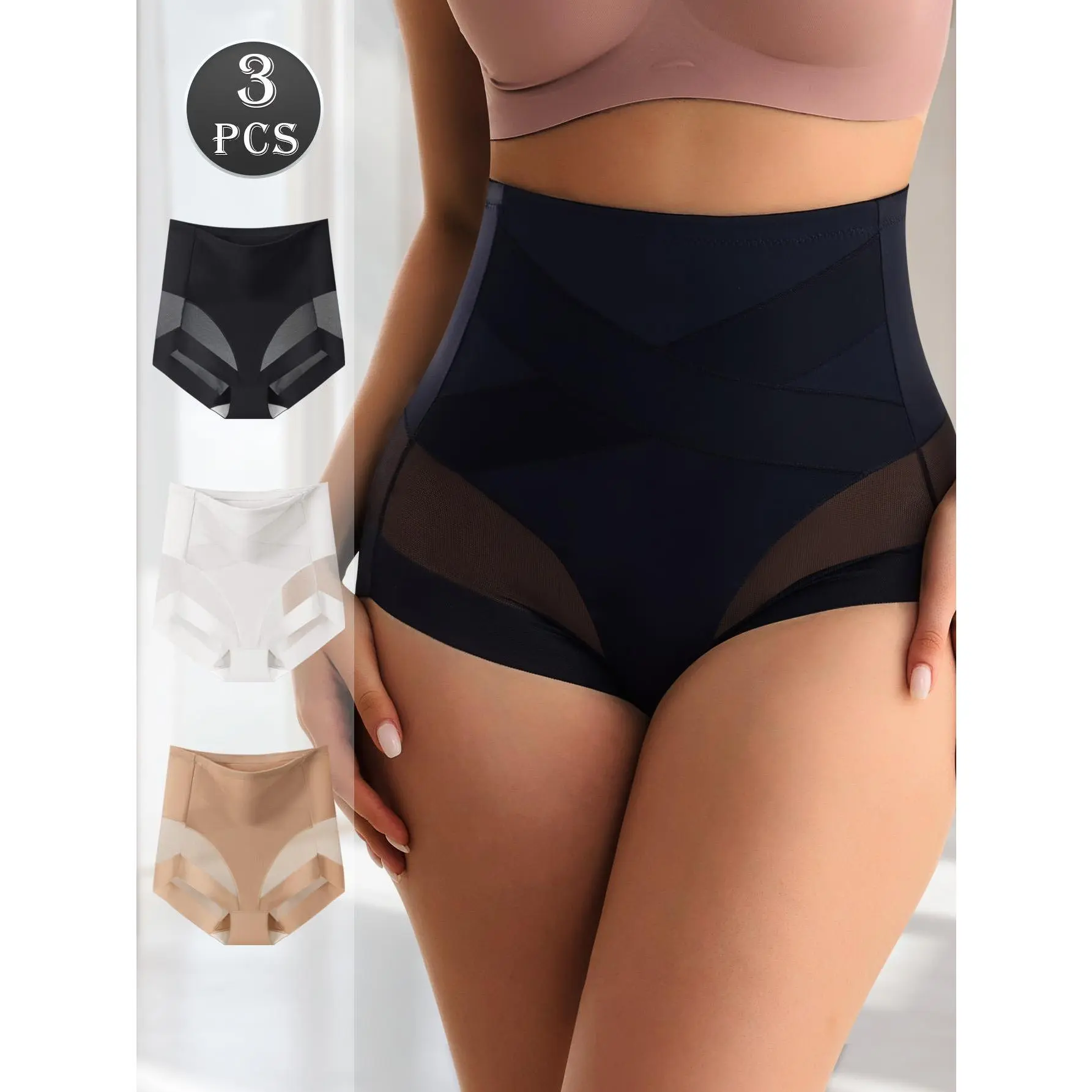 QUASTI Women’s 3PCS Minimalist Soft Vintage Chic Sexy Crisscross High-Waisted Panties - Compression Tummy Control, Light Breathable Fabric, Butt-Lifting Cheeky Briefs, Full-Coverage Shapewear Underwear with Secure Fit (S-XXL, 3 Mix Colors) Womenswear