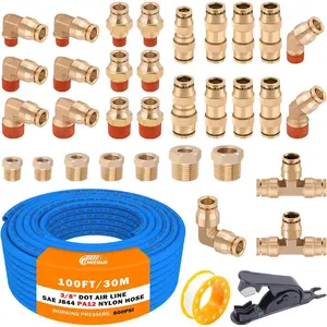 3/8 Brass DOT Air Fittings With 100 FT 3/8" DOT Air Line Kit Quick Connect Air Line Fittings and Blue Pneumatic Tubing for Semi Truck Trailer or Industrial Air Syste