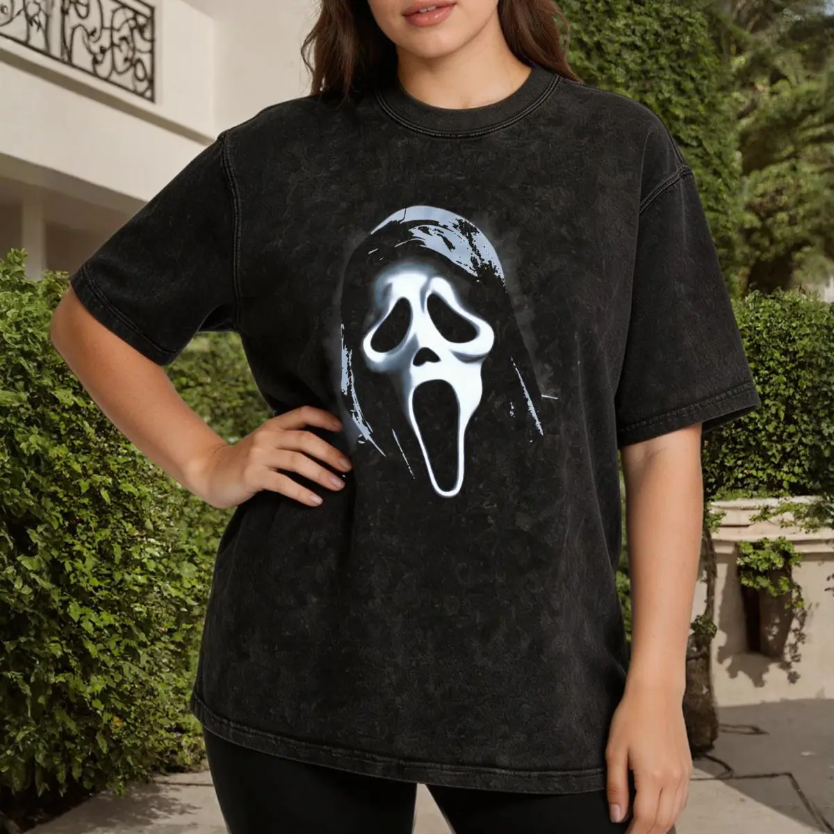 Scream Ghost Face Women's Vintage Washed T-Shirt Scream Ghost Face Mask Print Oversized Graphic Tee Outdoor Casual Short Sleeve