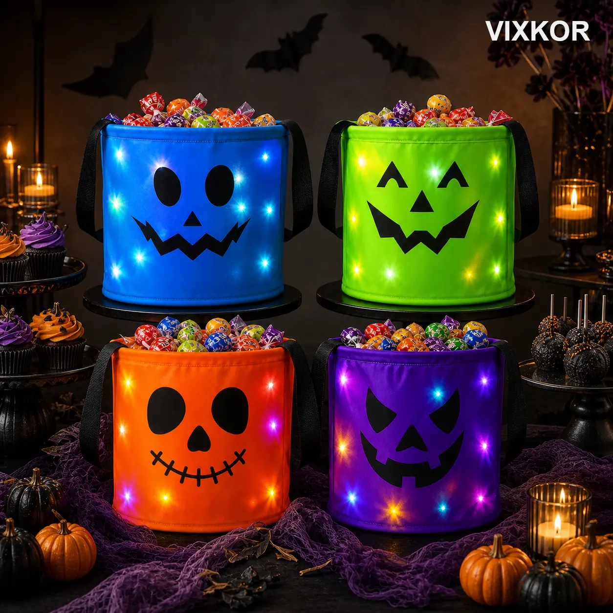 3/4PCS LED Light Up Halloween Candy Buckets, Reusable Non-Woven Glow Pumpkin Tote Bags, Trick or Treat Bags, Lawn Decor & Multi-Holiday Party Favors for Kids Adults,VIXKOR