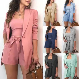 Women's Three Piece Blazer Vest and High Waist Bermuda Shorts Set, Solid Color Long Sleeve Business Casual Suit Outfit with Pockets, Office Work Travel Matching Set for Women Womenswear Style Workwear