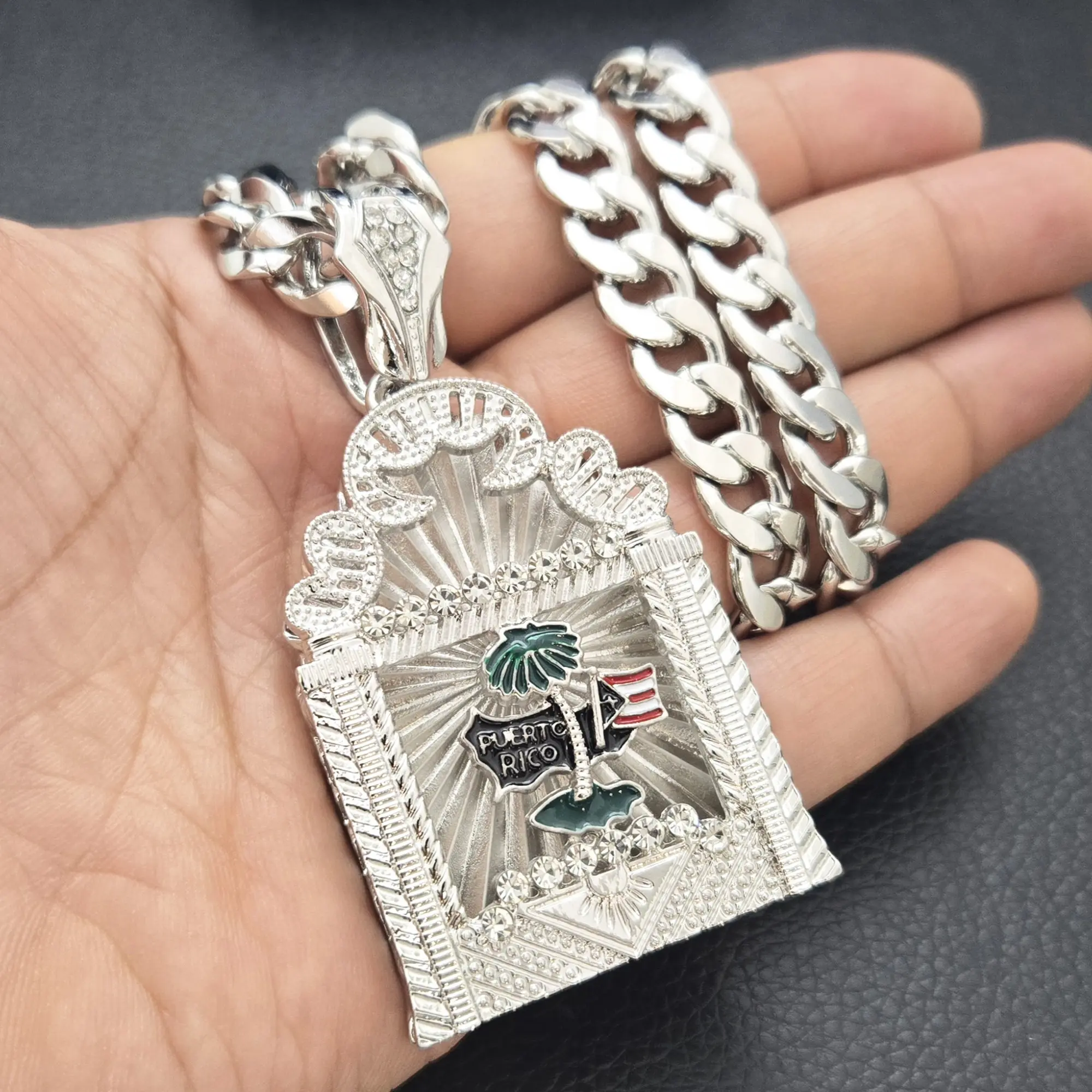 MaxBling81 Unisex Large Pendant Necklace, Iced Out Puerto Rico Flag with 10mm Silver Plated Cuban Chain, Hip Hop Celebrity-Style Embellished Jewelry, 18-30 Inch, Chain Length, Celebrity Look Alike, Embellished Chain Necklaces