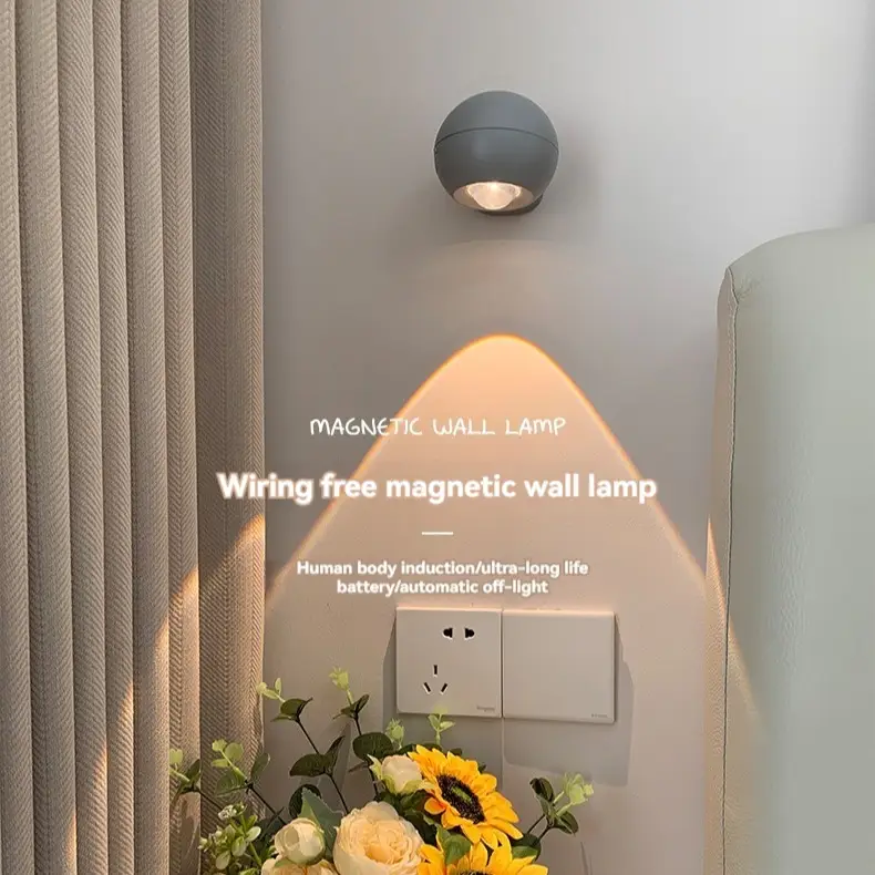 LED Magnetic Wall Lamp, Wall Lamp with Rechargeable Battery Powered by Spotlight, Spotlight Source 3 Brightness Levels 360° Rotating Magnetic Ball, To