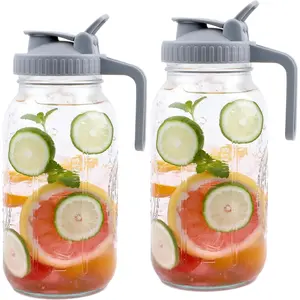 Mason Jar Pitcher Wide Mouth 2 Pack 64 OZ Glass Pitcher With Pour Spout  Airtight Leak-proof 2 Quart Water Carafe With Handle For Beverage, Iced , Milk, Sun , Lemonade, Iced Coffee