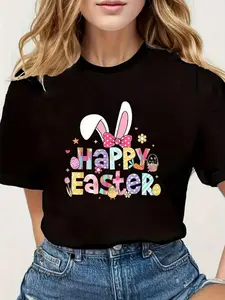 100% Cotton Owls of North America Tee Women Round Neck T-Shirt Easter Family 2026 Making Memories Together Bunny Ears Egg And Flowers Print Casual Spring Holiday Outfit For Easter Celebration