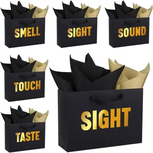 5 Senses  Bags for Him Her Five Senses  Bags with Ribbon Handles and Tissue Paper Present Wrappings for Valentine Wedding Anniversary Birthday Graduation(Black, 12.6''x8.8''x4'')