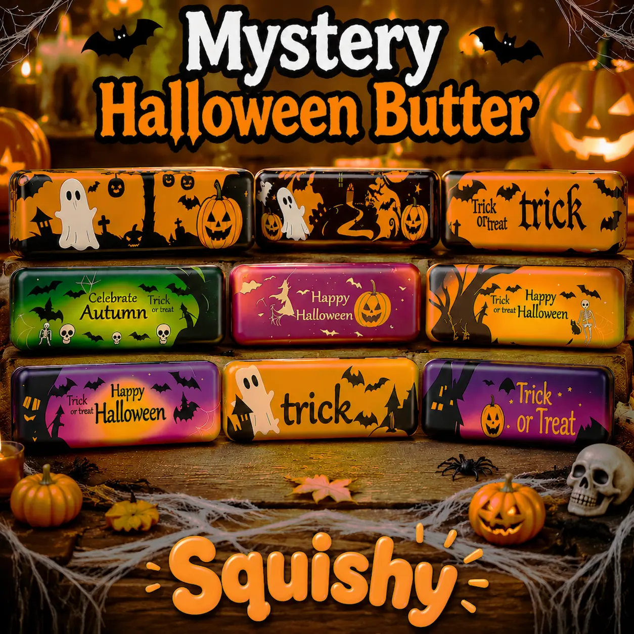 Halloween Butter Soft Squishy Mystery Toy Set,  Slow Rise Cream Stick Fidget Toys with Exquisite Gift Box, Cute Sensory Stress Relief Squeeze Toys for Kids & Adults Halloween Gifts