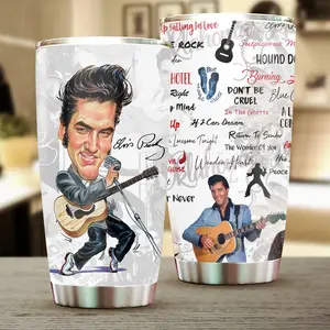 Elvis Presley Guitar Sketch Collage 20oz Tumbler, Stainless Steel Curved Coffee Cup, Music Lover Gift