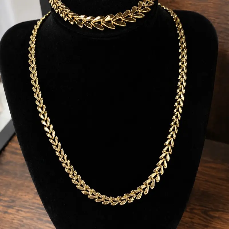 14K Gold Laminated Leaf Link Necklace & Bracelet Set
