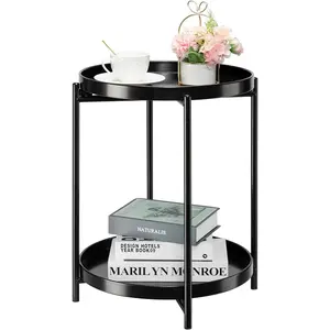 2-Tier Round Side Table, Metal End Table with Removable Tray, Small Outdoor Table Accent Table, Anti-Rust Black Nightstand for Bedroom Balcony Patio (Black)