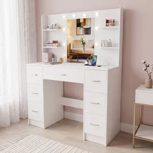 Large Vanity Desk with LED Lighted Mirror & Power Outlet,Makeup Vanity Table with 7 Drawers and 6 Storage Shelves,Modern Bedroom Vanity Set, Dressing Table for Bedroom Dressing Room (White)