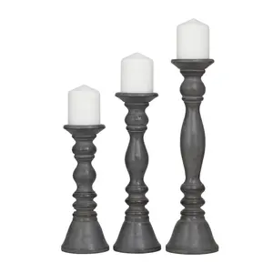 Set of 3 Wood Turned Style Pillar Decorative Candle Holder
